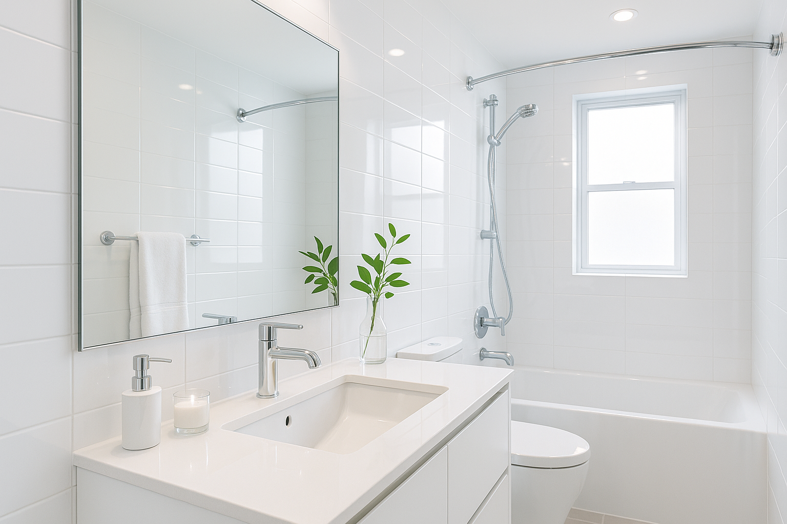 salle de bain avec robinetterie argentée brillante et miroir - ton lumineux et moderne
