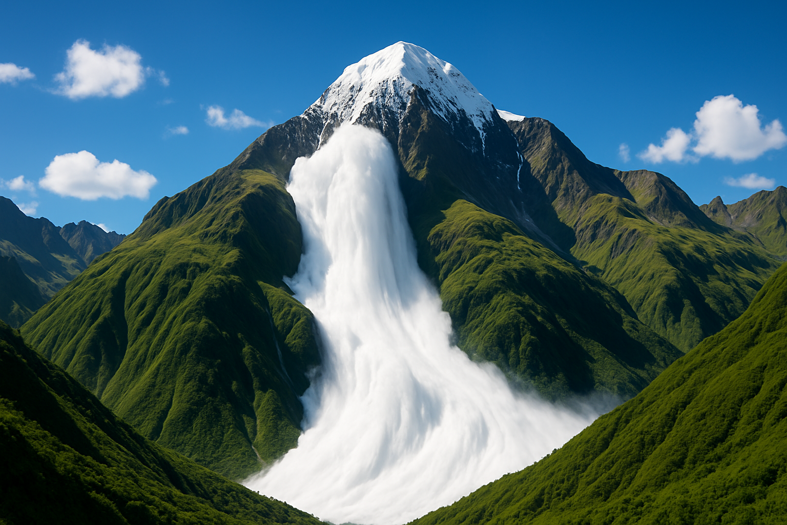 fait moi une image de poudre naturel dans une montagne impressionnante et immense. La poudre doit être d'un blanc immaculé et glissée du sommet. il faut qu'il y'ai des belles couleurs vertes pour les montagnes et bleu pour le ciel 